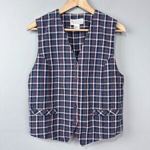 Vintage 90s Milano Design Group Vest Size L Linen Cotton Plaid‎ Grunge Academia